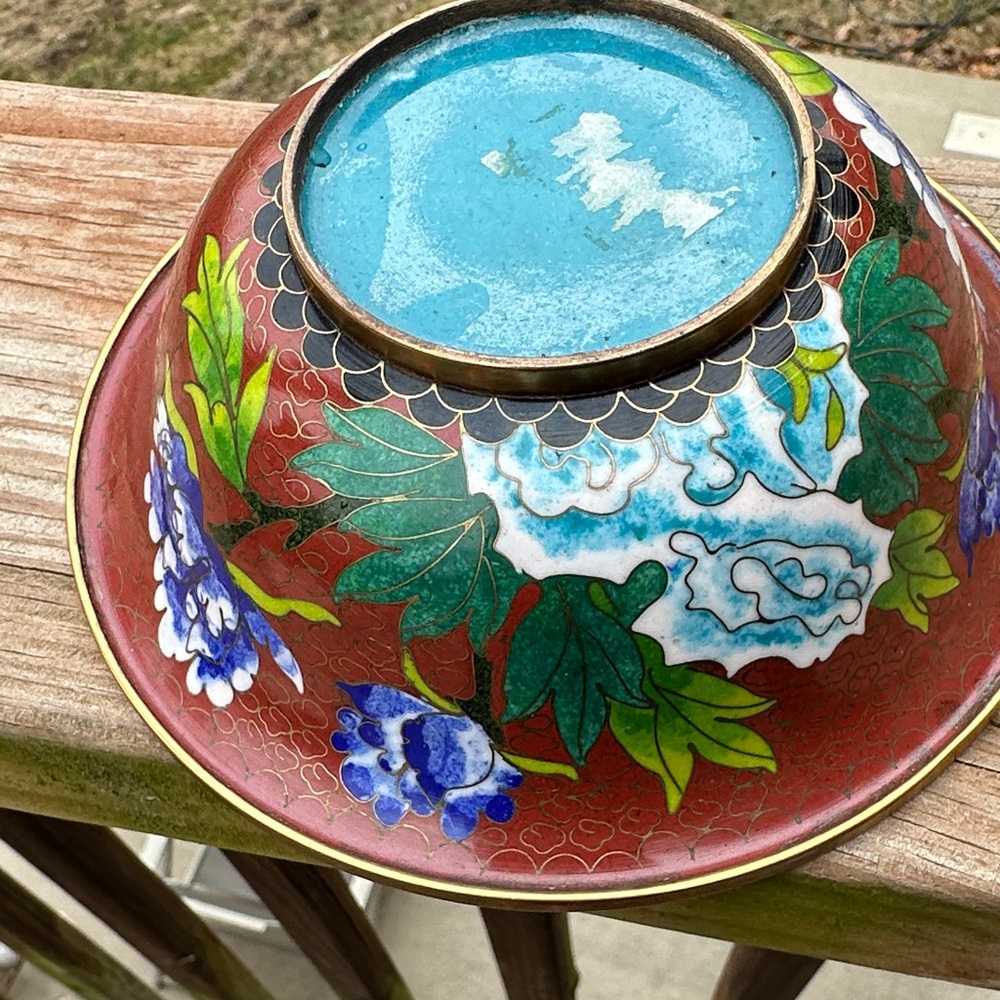 Floral Cloisonné Vintage Enamel Bowl with Blue and Green Floral - Picture 4 of 6